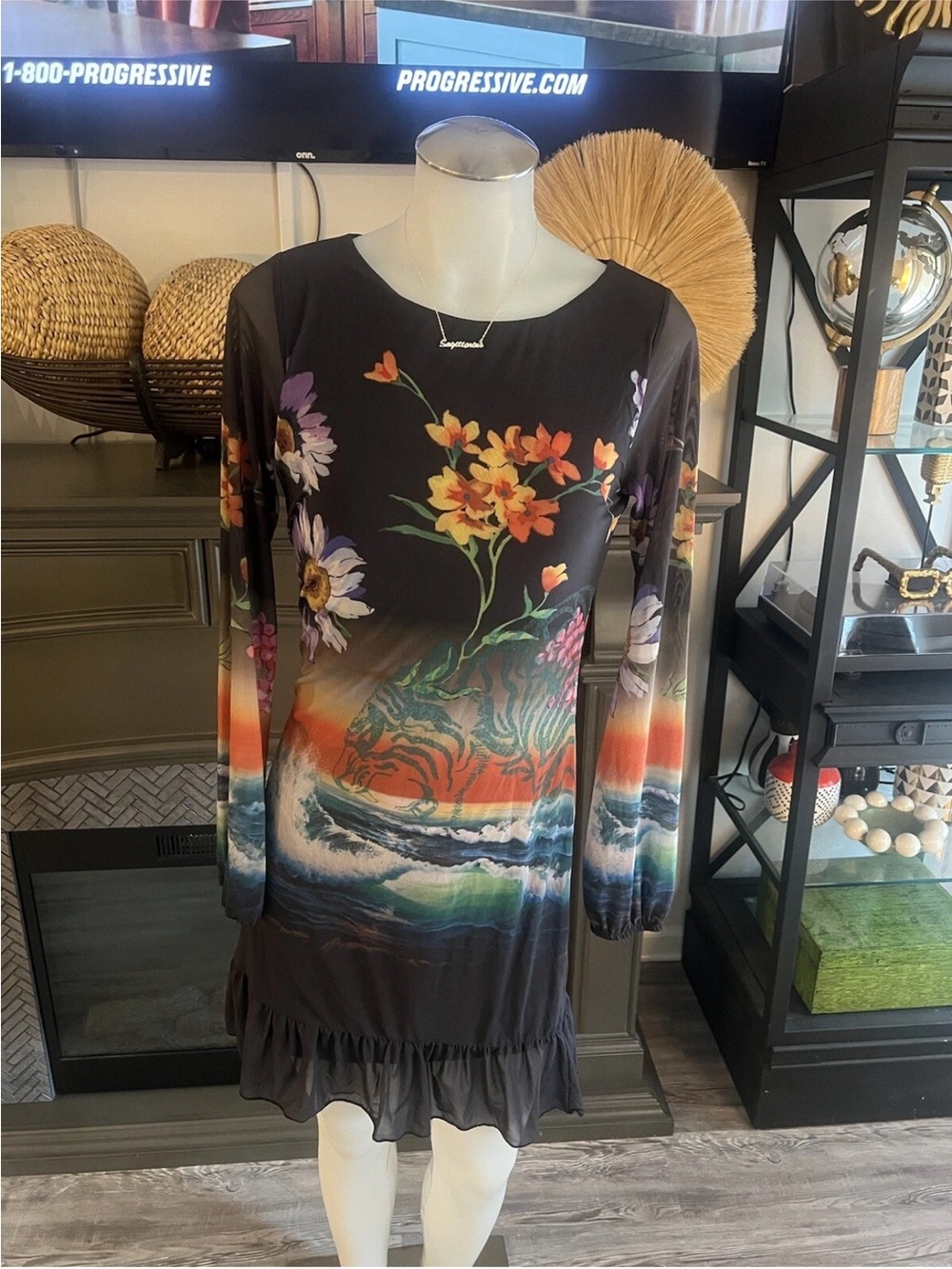 Desigual Black Floral & Ocean Wave Long-Sleeve Dress - Picture 3 of 5